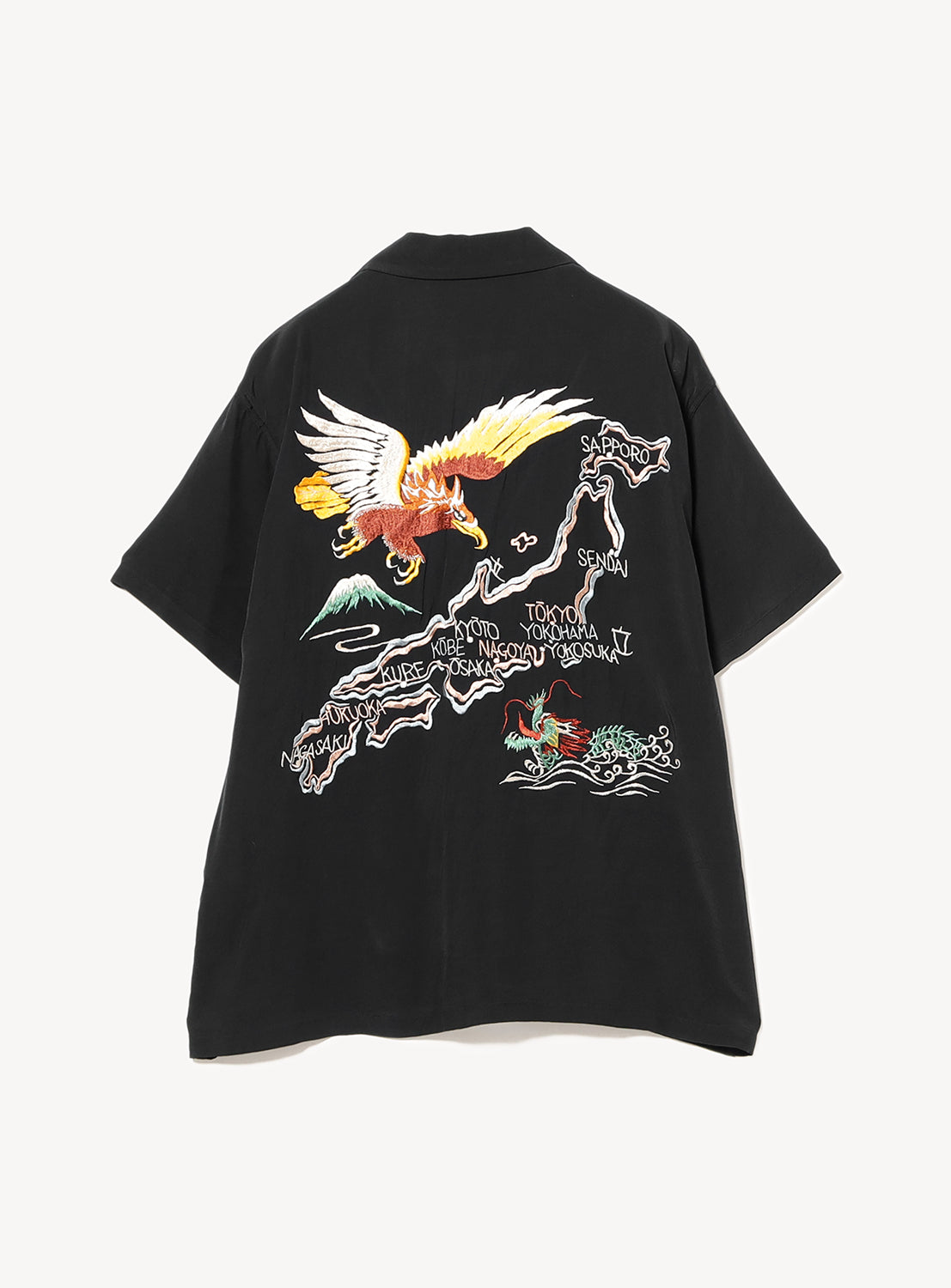 Black button down shirt with an eagle, a map of Japan and a dragon embroidered on the back.