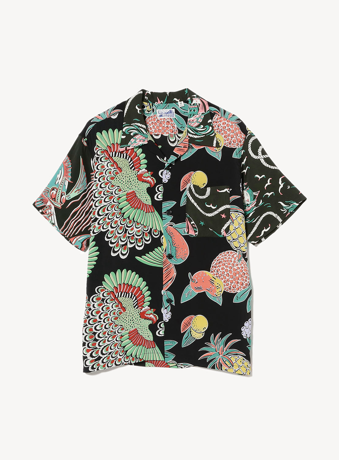 Black aloha button down shirt with colorful tropical bird and plant pattern.