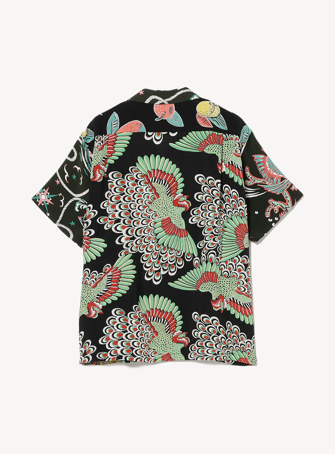 Back of black aloha button down shirt with colorful tropical bird and plant pattern.