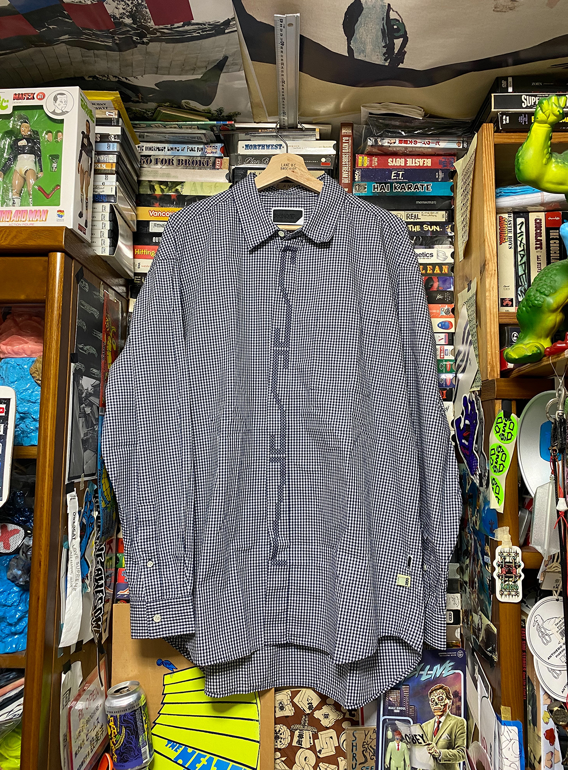 Finely checked gingham shirt from the SSZ and PHINGERIN collaboration, a playful twist on a classic silhouette.