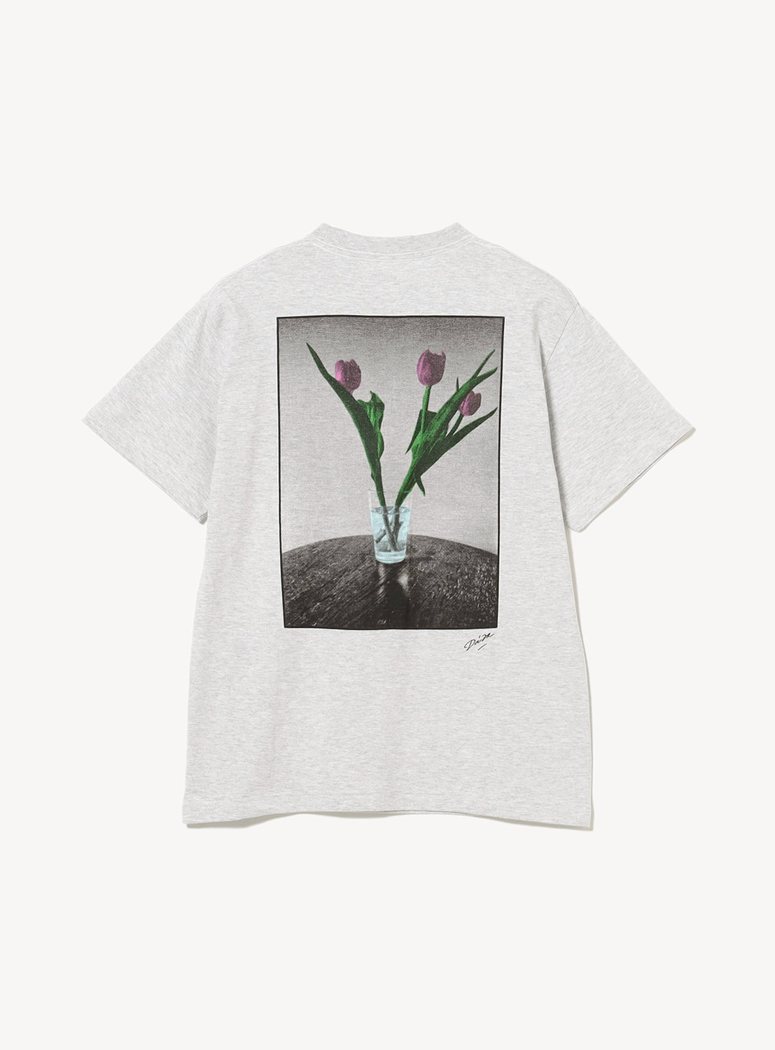 Back of heather grey t-shirt with a photograph of pink tulips by artist Daido Moriyama.