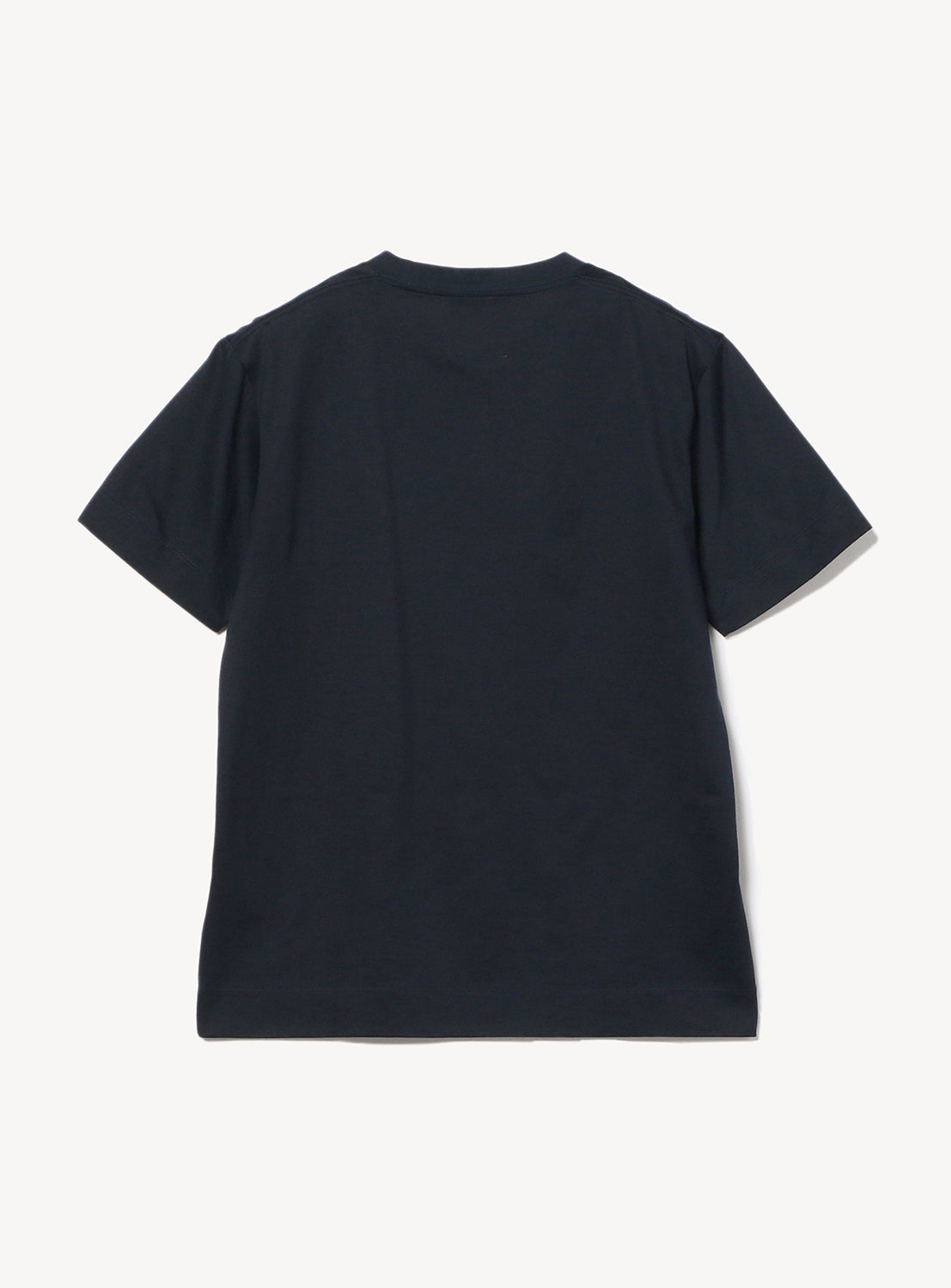 Back view of a navy blue cotton t-shirt with a round neckline and short sleeves.