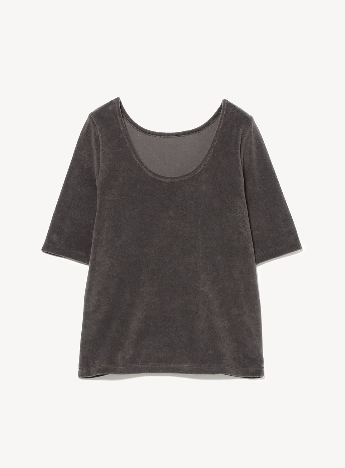 Back of charcoal grey velour t-shirt with a wide collar.