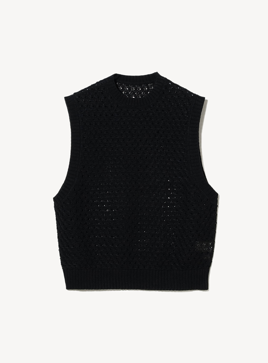 A black sleeveless mesh knit vest.