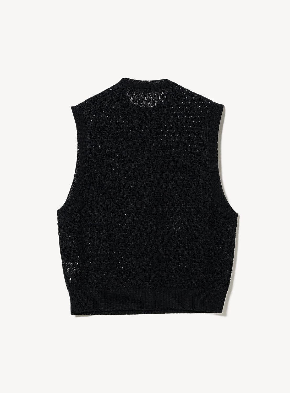 A black sleeveless mesh knit vest with a round neckline.