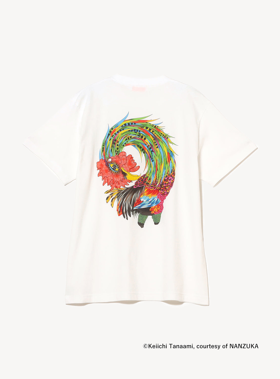 White t-shirt with a colorful rooster graphic on the back.