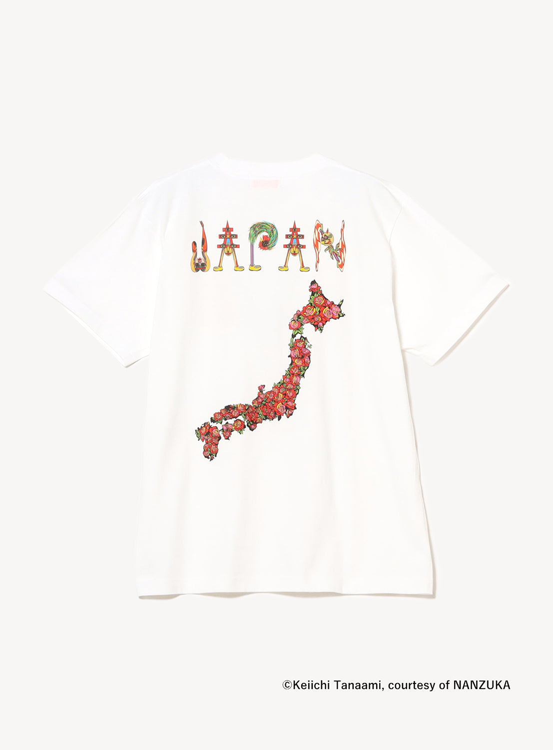 White t-shirt with a colorful design of Japan with the text, 'JAPAN' at the top in an artsy font.