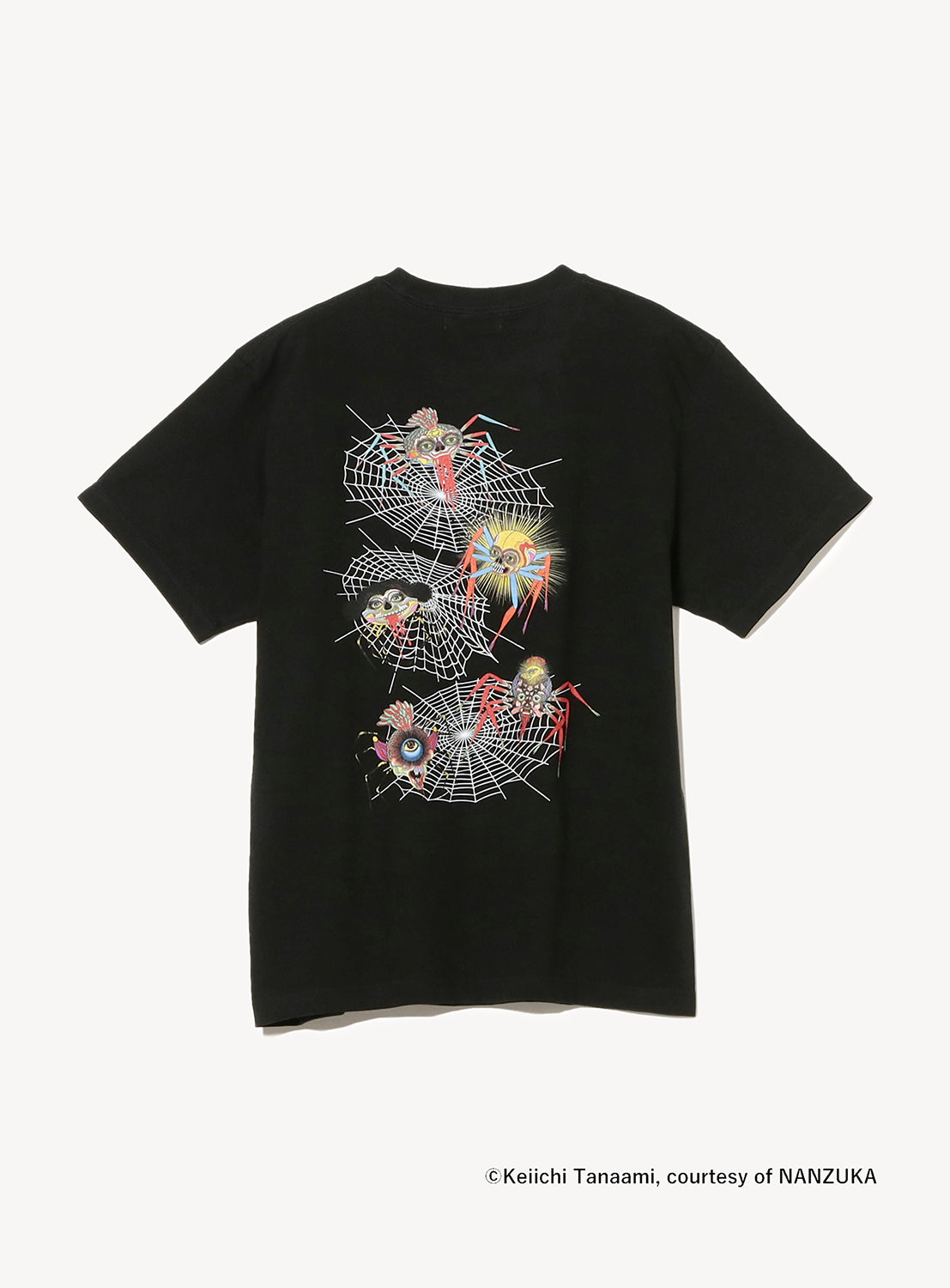 Back of black t-shirt with colorful spider web design and surreal, psychedelic spider illustrations across the shirt.