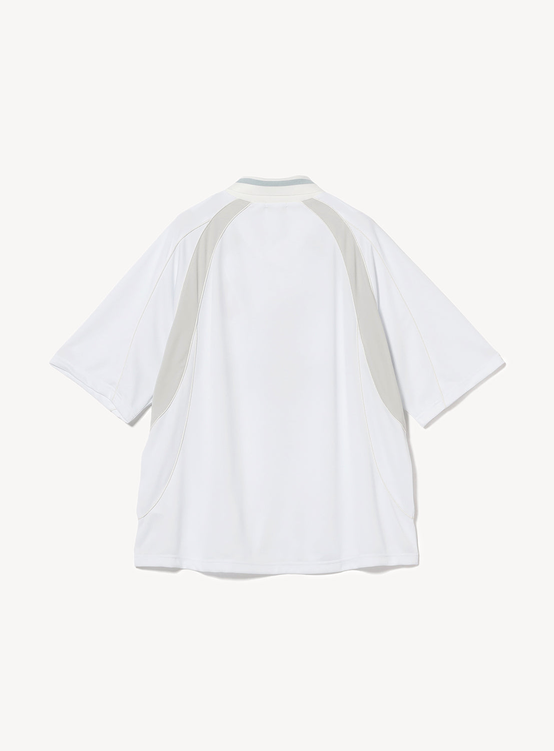 Back of a white jersey with beige details.