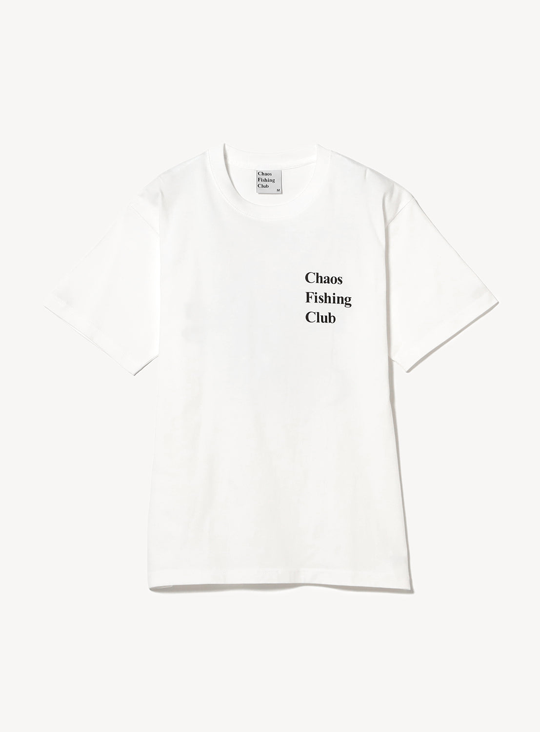 White t-shirt with 'Chaos Fishing Club' text in black.
