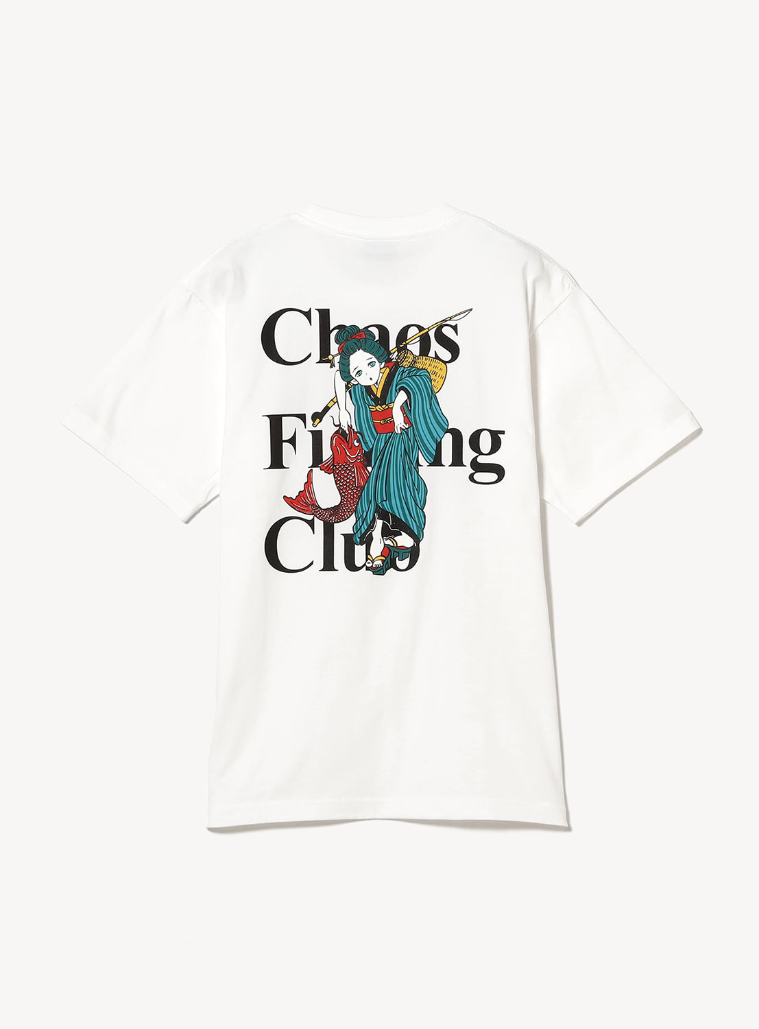 Back of white t-shirt with 'Chaos Fishing Club' text and a graphic of an animated girl fishing over the text.