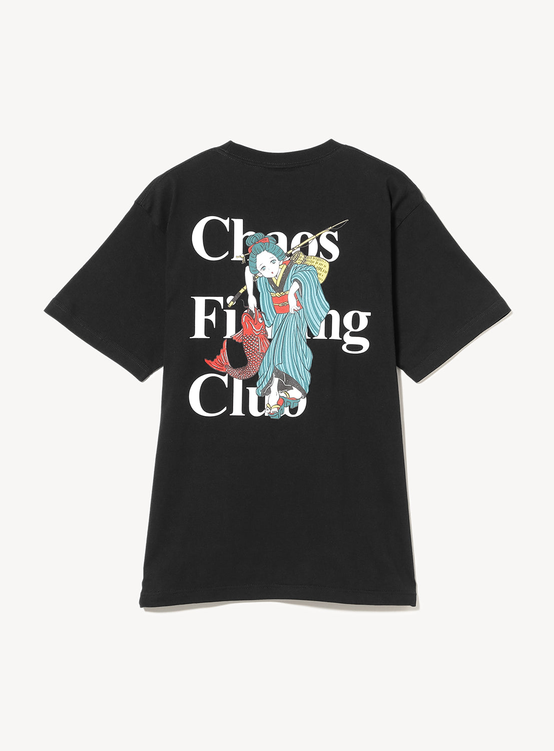 Back of black t-shirt with 'Chaos Fishing Club' text and a graphic of an animated girl fishing over the text.
