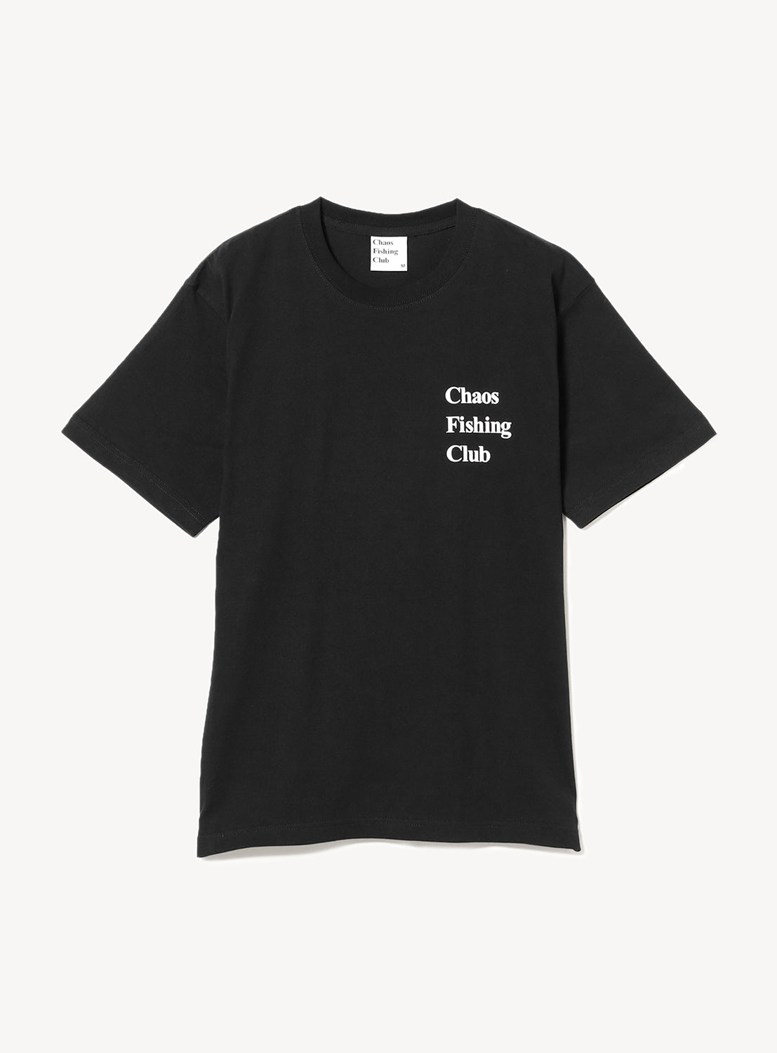 Black t-shirt with 'Chaos Fishing Club' text in white.