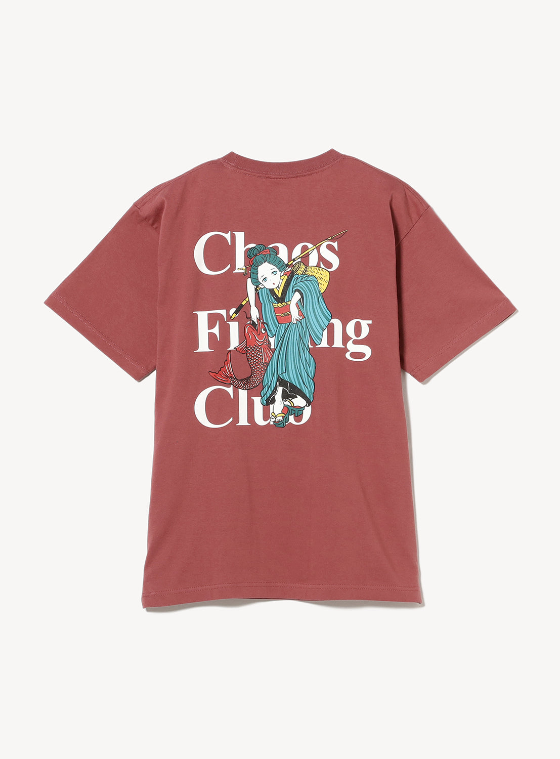 Back of smoked red t-shirt with 'Chaos Fishing Club' text and a graphic of an animated girl fishing over the text.