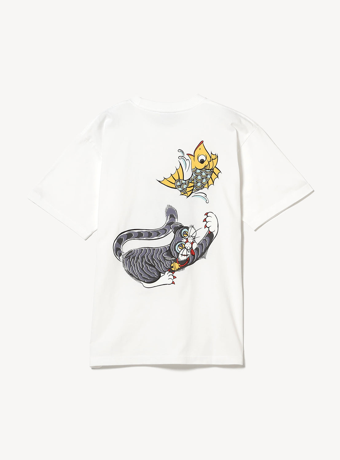 White t-shirt with a graphic design of an animated grey cat chasing an animated yellow fish.
