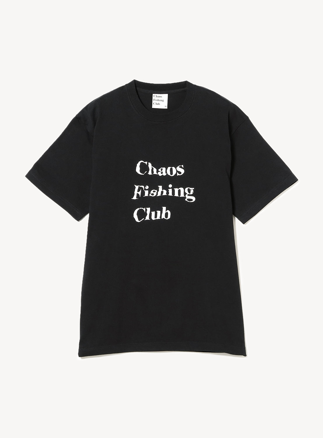 Black t-shirt flat lay, featuring white "Chaos Fishing Club" text graphic on the front.