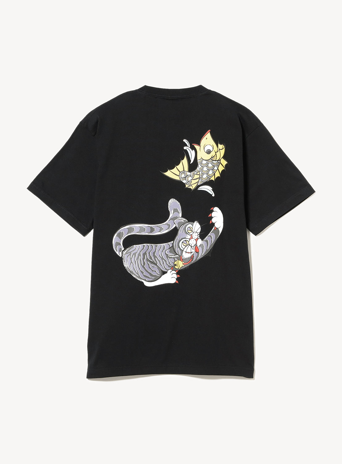 Black t-shirt flat lay, showcasing a detailed graphic print of a cat chasing a fish on the back.