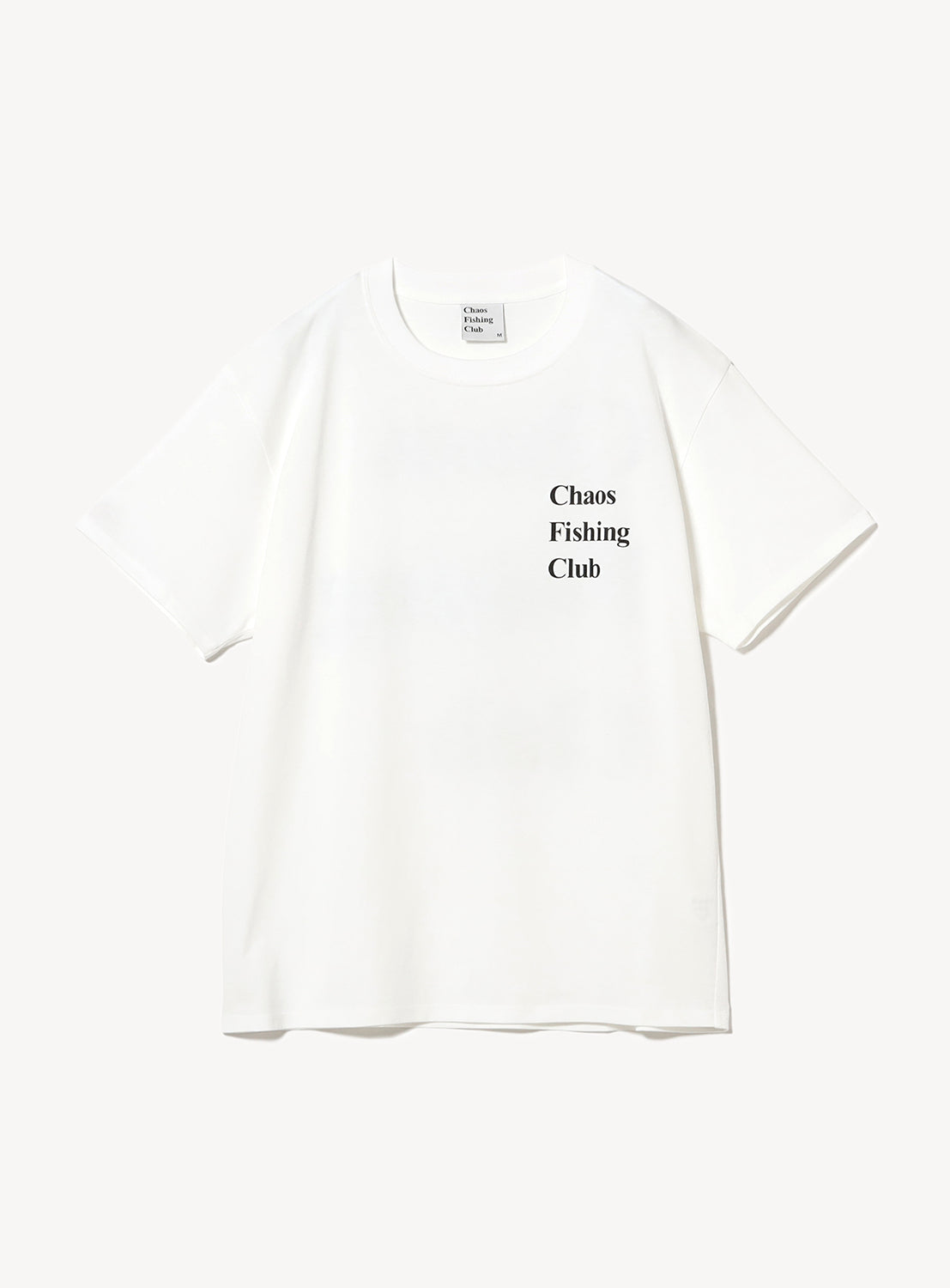 White t-shirt with 'Chaos Fishing Club' text in a black on the chest.