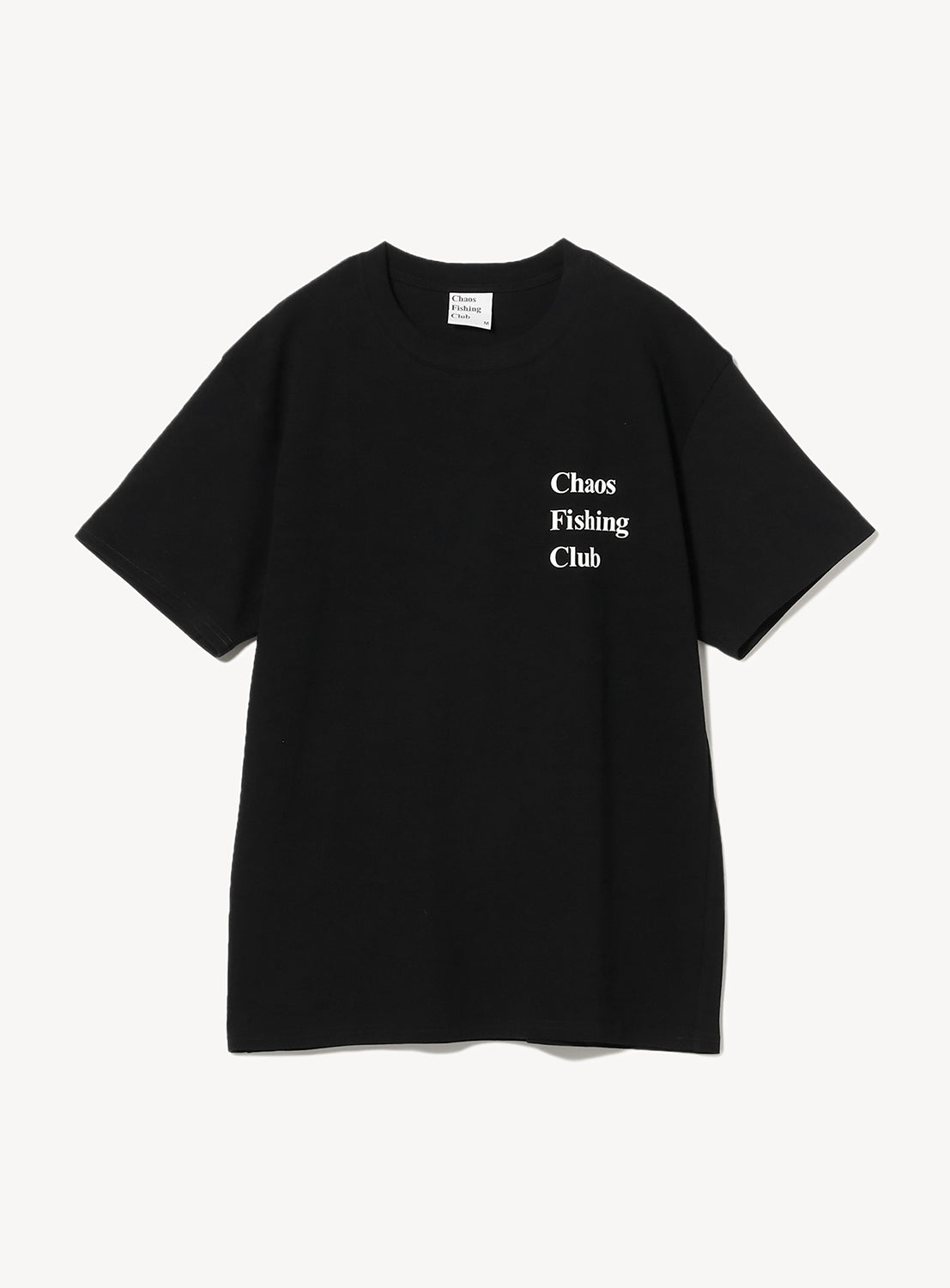 Black t-shirt with 'Chaos Fishing Club' text in a white on the chest.