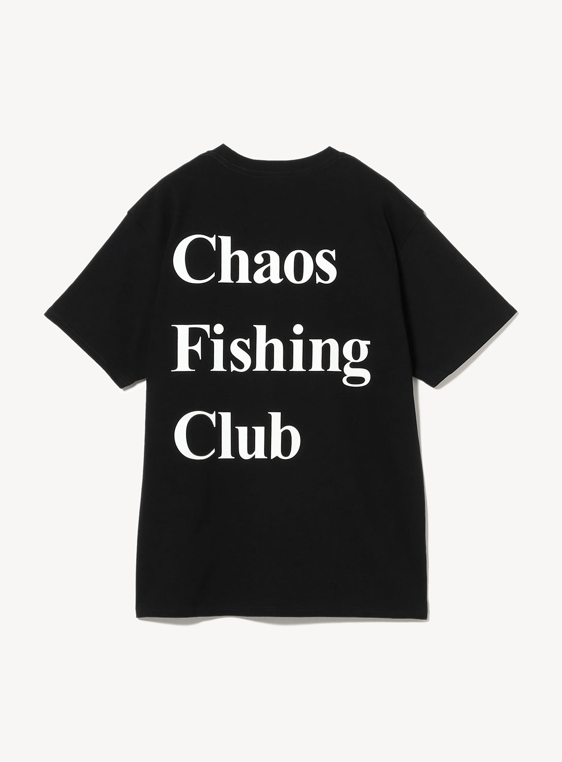 Black t-shirt with large 'Chaos Fishing Club' text in a white on the back.