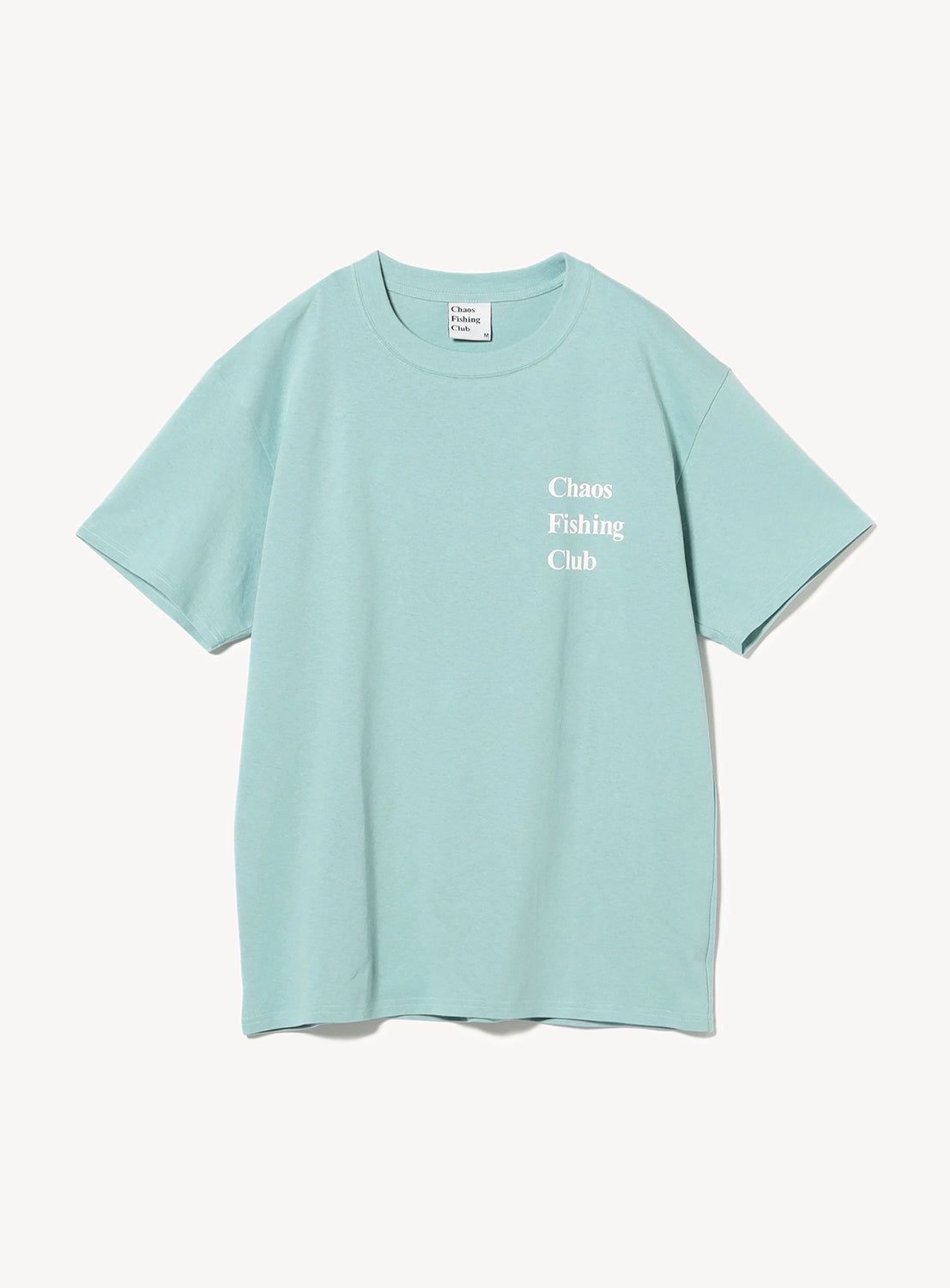 Light blue t-shirt with, 'Chaos Fishing Club' in a white.