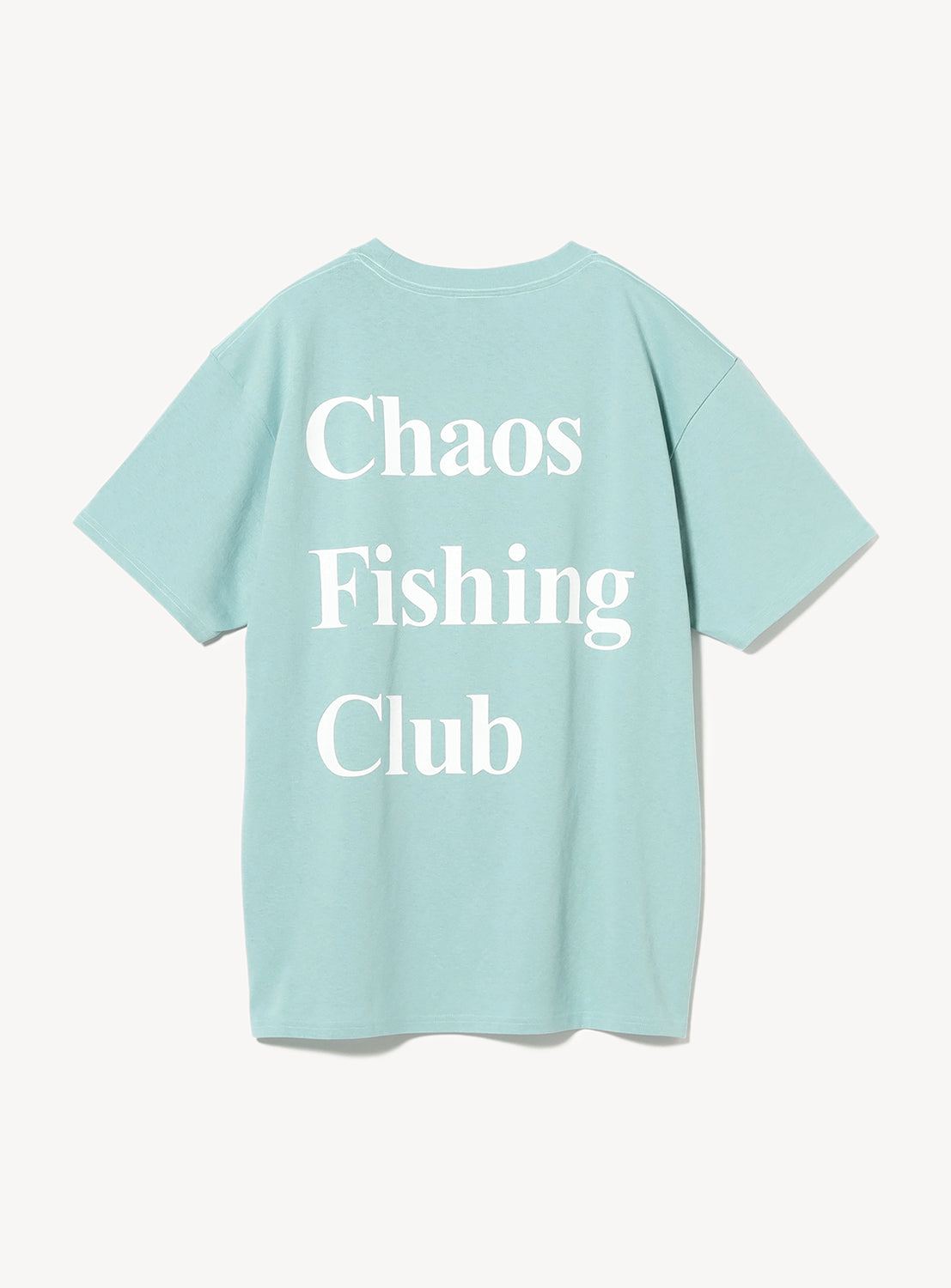 Light blue t-shirt with large 'Chaos Fishing Club' text in a white.