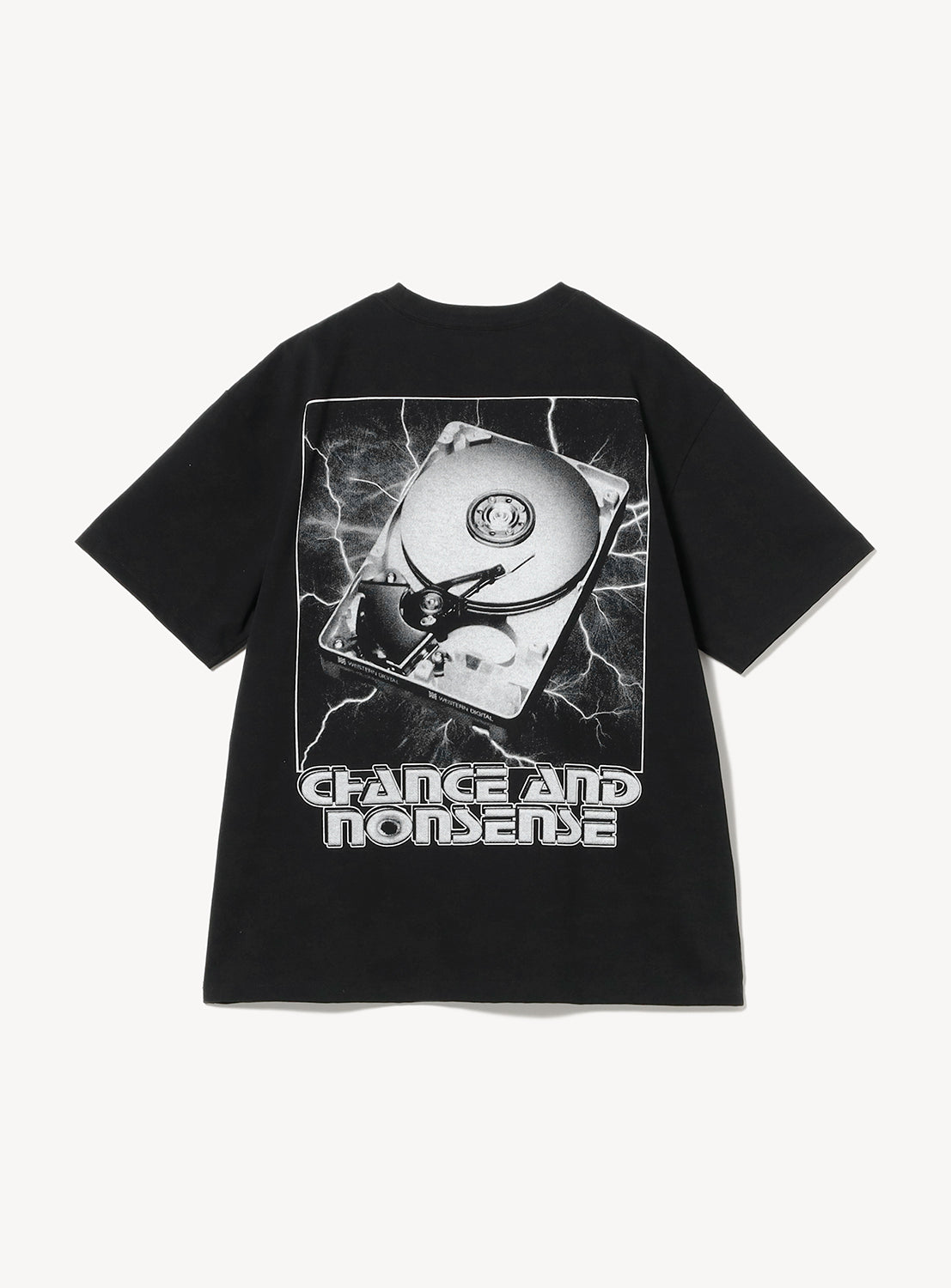 Black t-shirt flat lay, back view, showcasing a white graphic print of a record player, text "CHAOS AND NONSENSE".