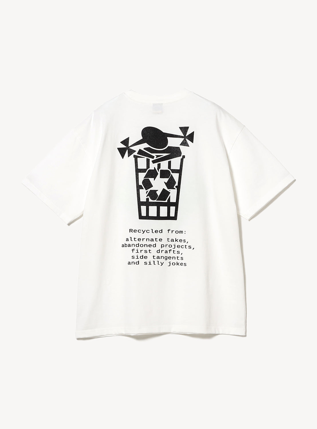 White t-shirt flat lay, back view, showcasing a black graphic of a trash can with cross symbols and text.