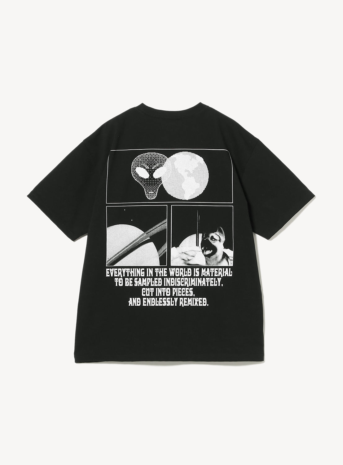 Black t-shirt flat lay, back view, showcasing a white multi-panel graphic design with abstract elements and text.