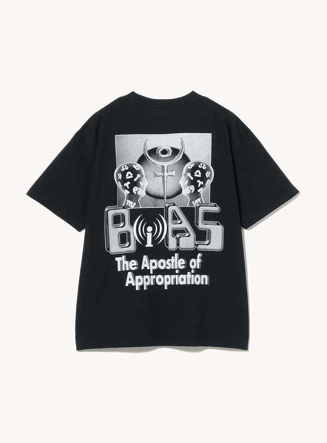 Black t-shirt flat lay, back view, showcasing a white/grey graphic print with abstract design and text.