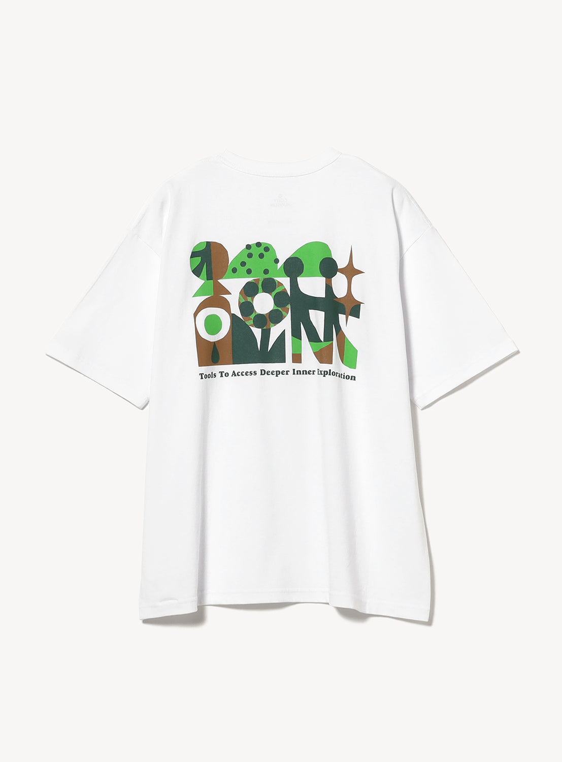 Back of white t-shirt with colorful green graphic design on the back.