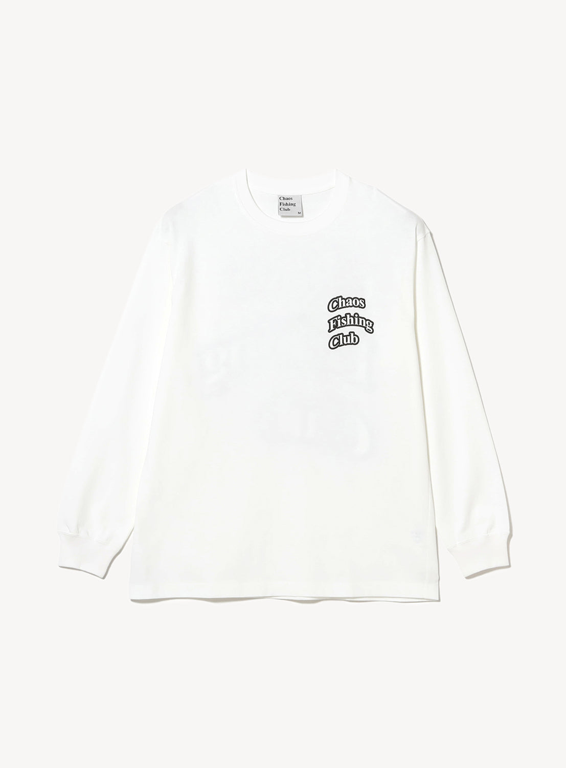 White long-sleeve shirt with the text 'Chaos Fishing Club' in black bordered font.
