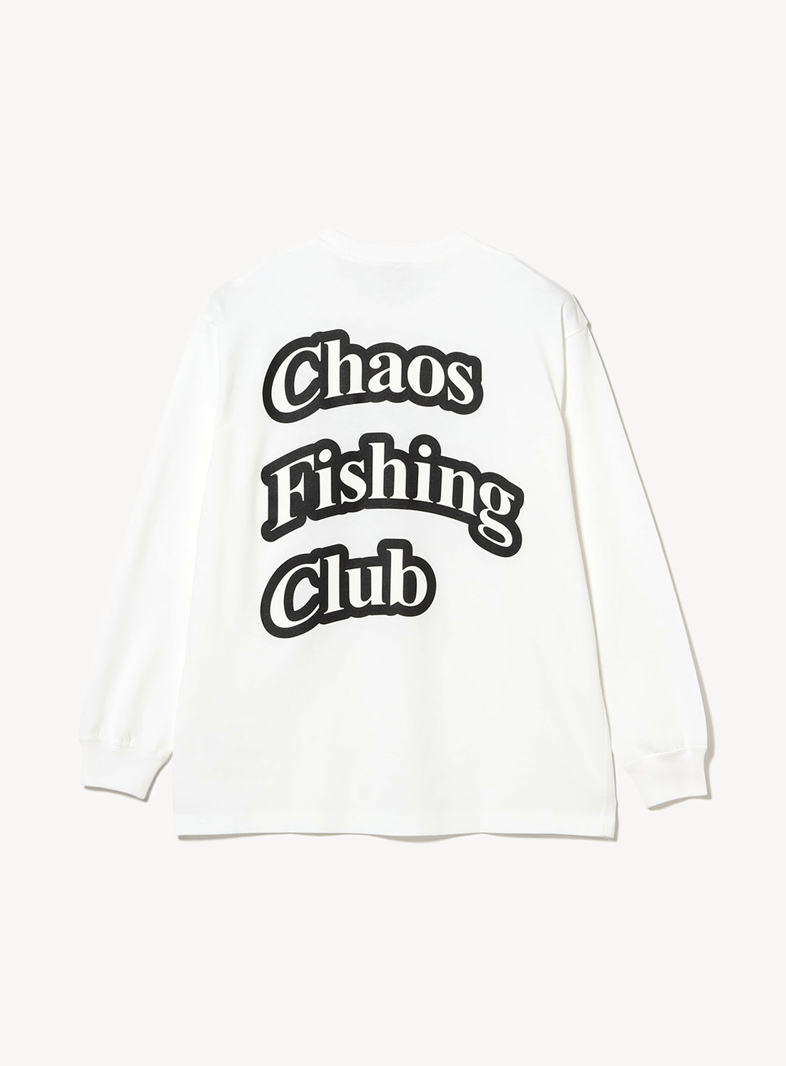 White long-sleeve shirt with the text 'Chaos Fishing Club' in black bordered font on the back.