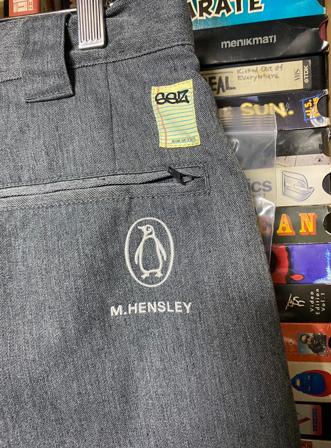 Close-up of the back pocket, showing the SSZ and Flying Elephant branding from the Matt Hensley collaboration.