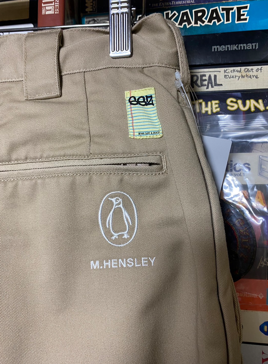 Close-up of a back pocket, showing the SSZ and Flying Elephant branding from the Matt Hensley collection.