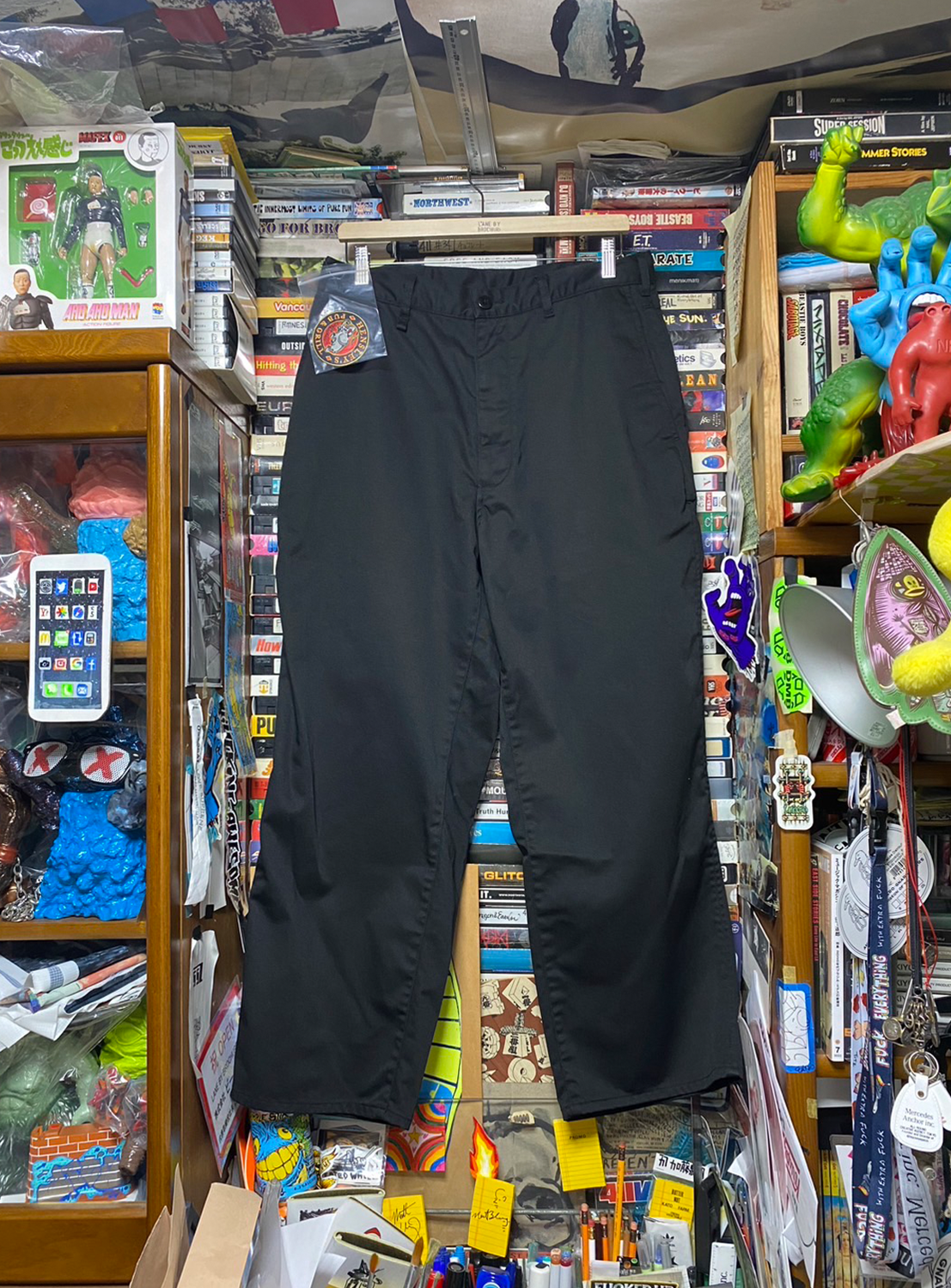 Front view of black pants from the Flying Elephant collection, embodying the legacy of 1990s skate icon Matt Hensley.