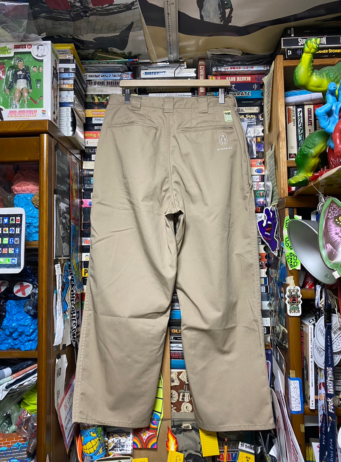 Back view of khaki pants from the Flying Elephant collection, embodying the legacy of 1990s skate icon Matt Hensley.