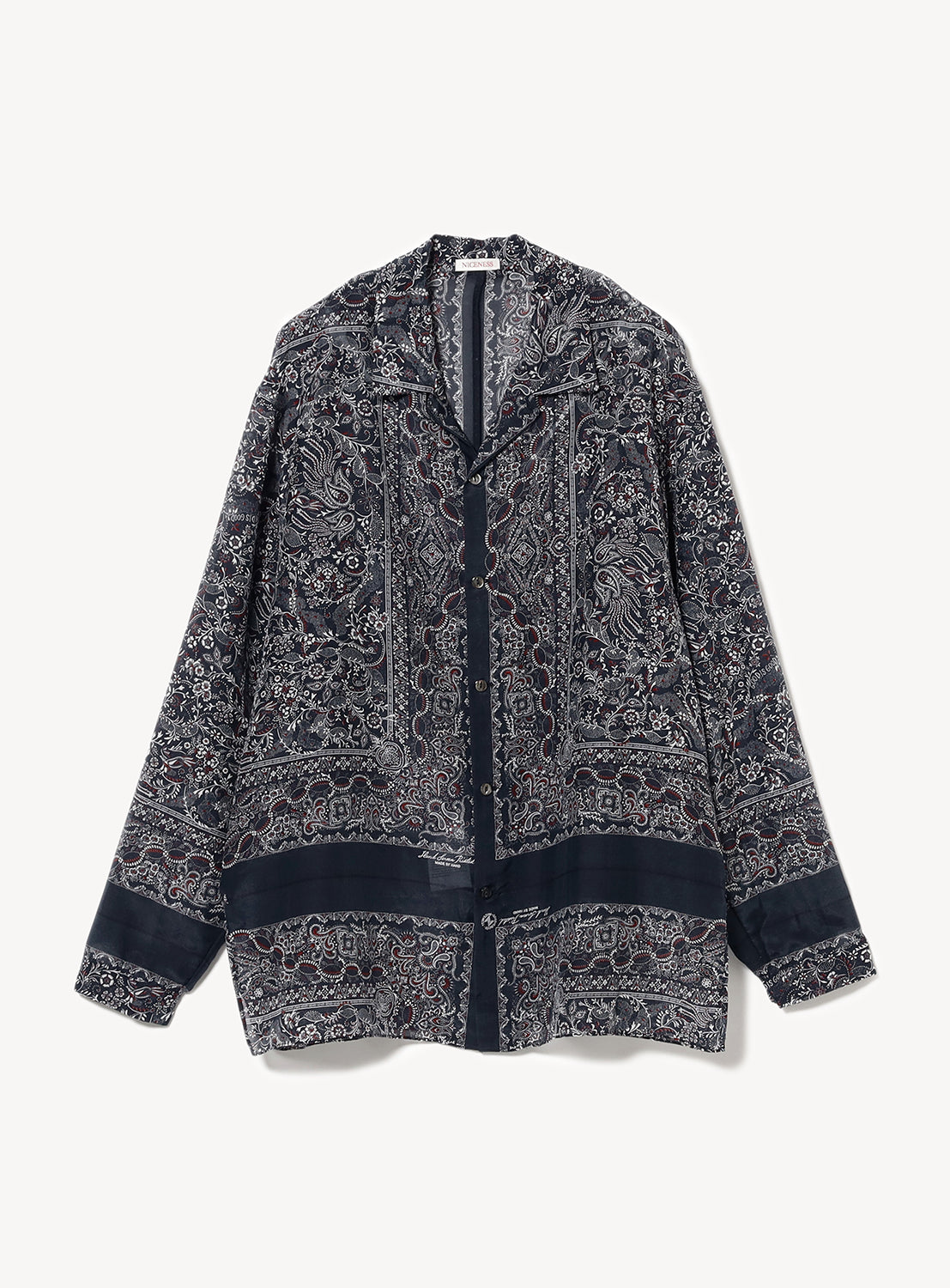 Navy patterned long-sleeve shirt flat lay, featuring a rich paisley and floral design in white, red, and grey.