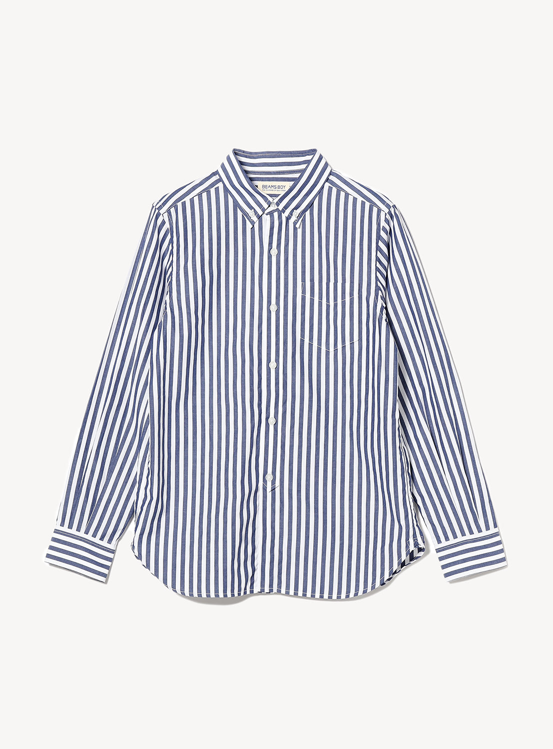 A blue and white striped button-down shirt for women.