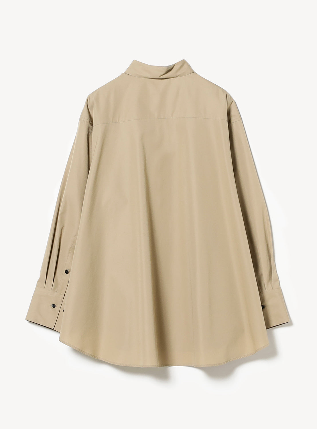 Back of beige oversized button down shirt.