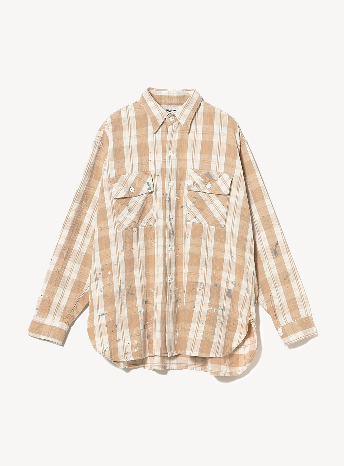 Bow Wow beige & off-white plaid painter flannel shirt, front view with faint grey and white paint splatters, featuring dual chest pockets.