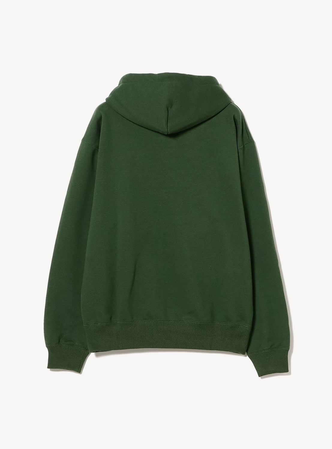 Back of green hoodie on a white background.