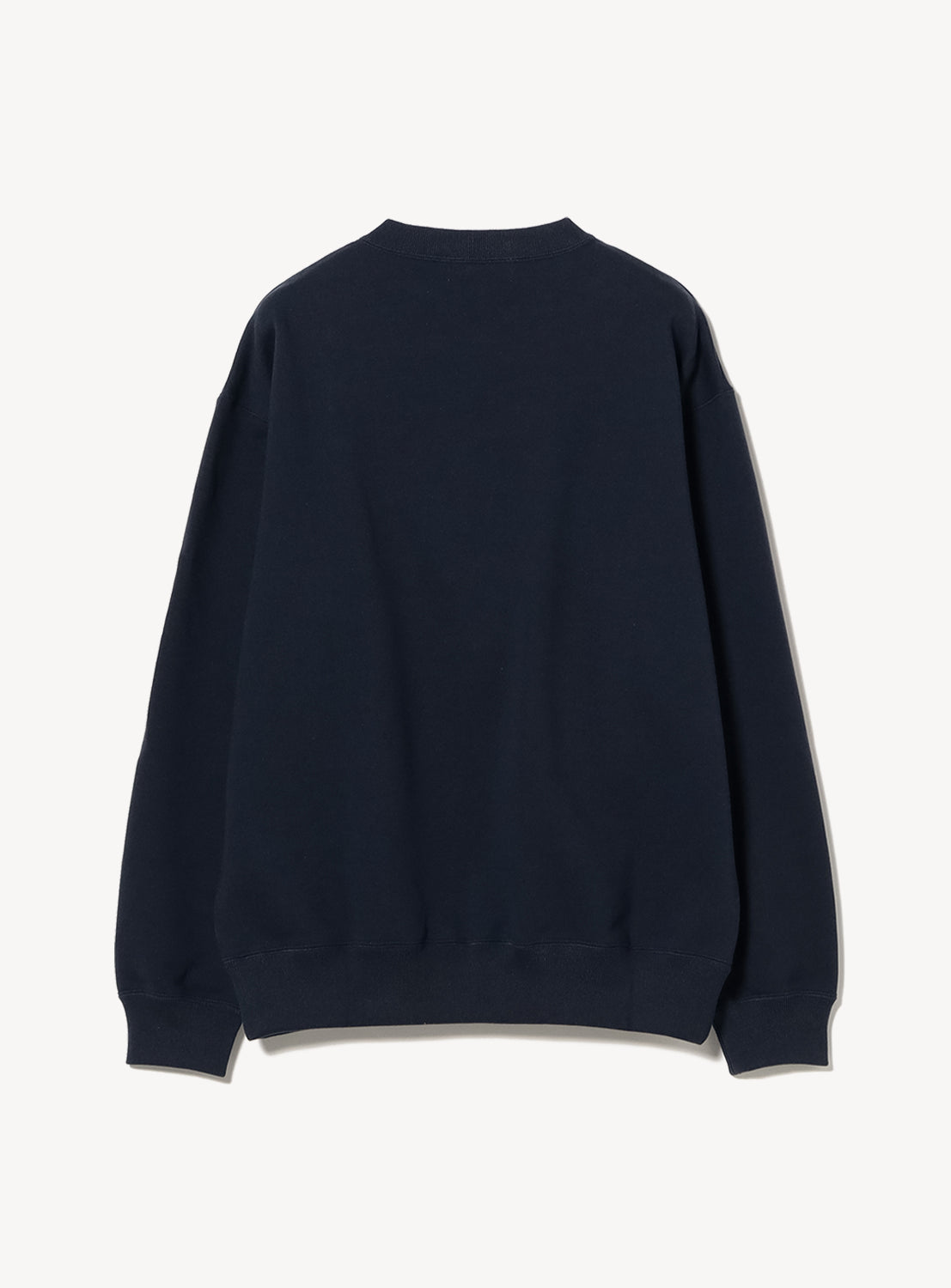 Back of a navy blue sweatshirt on a white background.