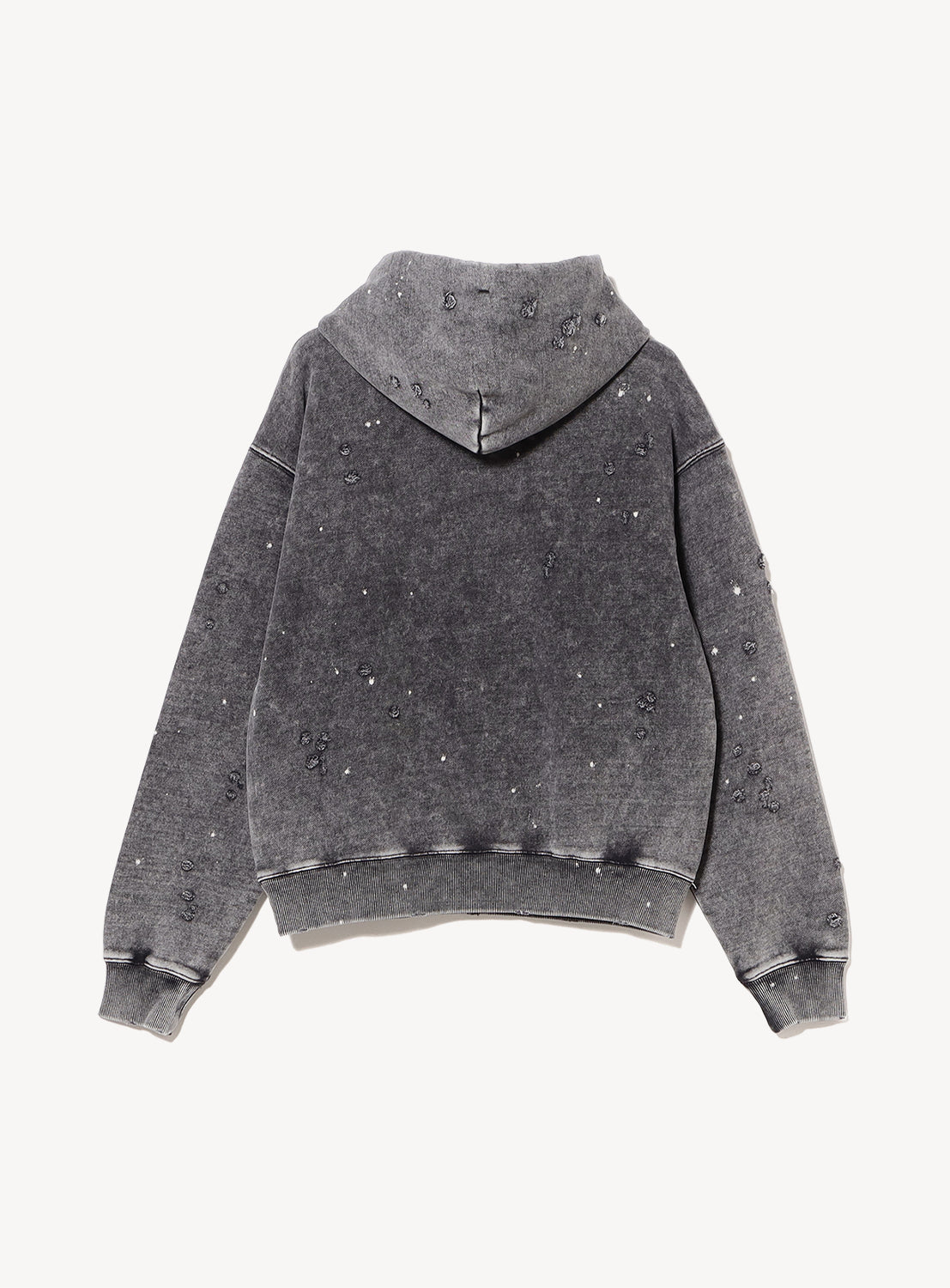 The BEAMS Wide Short Fit Distressed Heavyweight Hoodie is shown from the back, featuring a dark gray vintage wash, small holes, and paint splatter details against a plain white background.