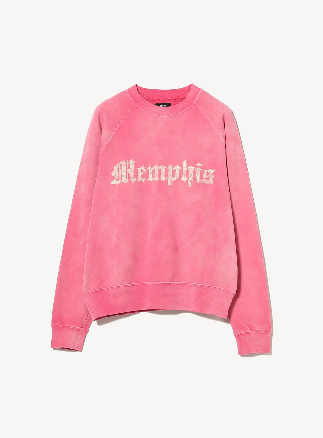 The BEAMS Vintage-Inspired Faded Print Relaxed Fit Sweatshirt features a bright pink hue, raglan sleeves, and "Memphis" in bold white gothic letters across the chest, shown on a plain white background.