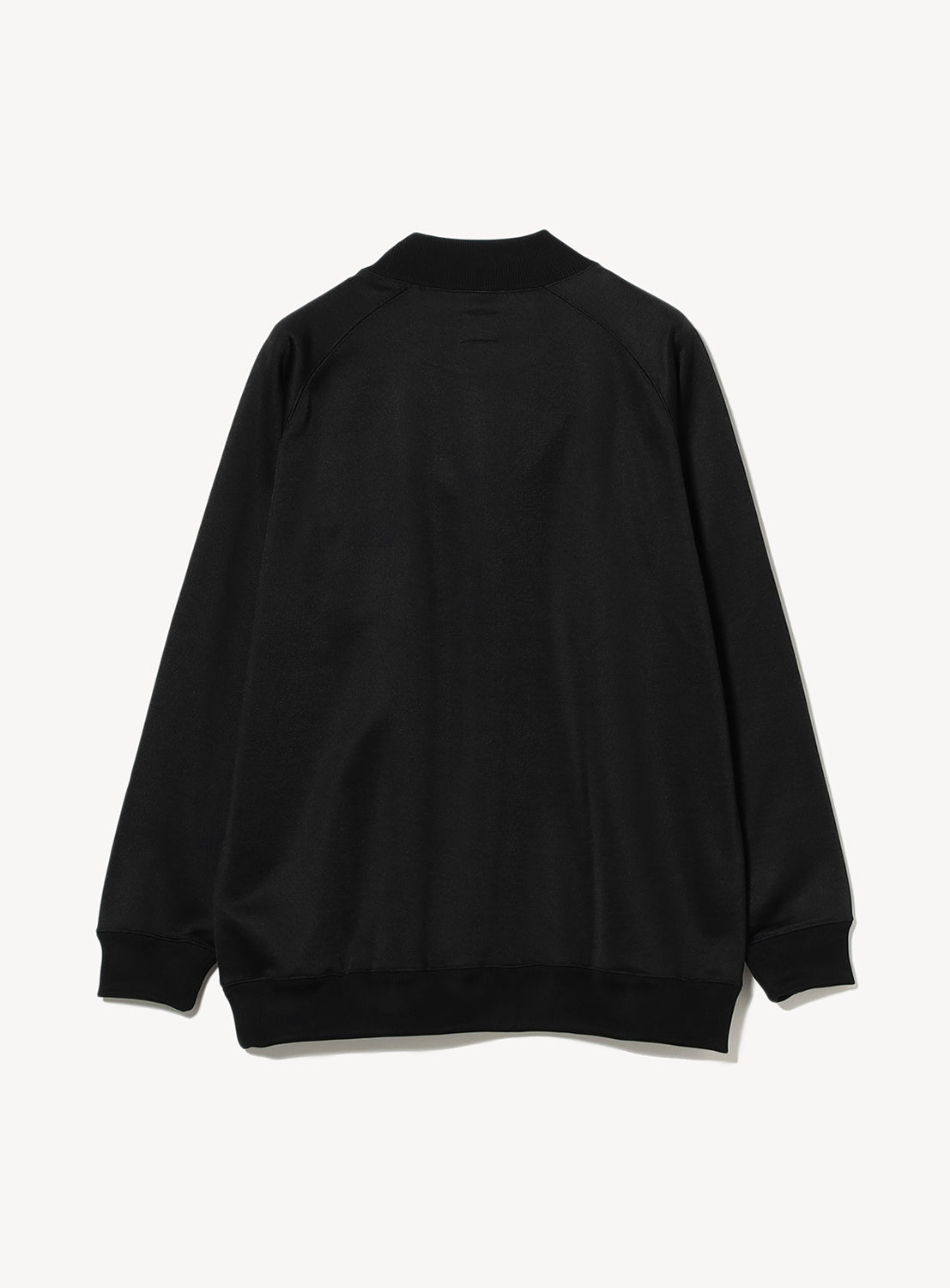 Back of a black mock neck sweatshirt.