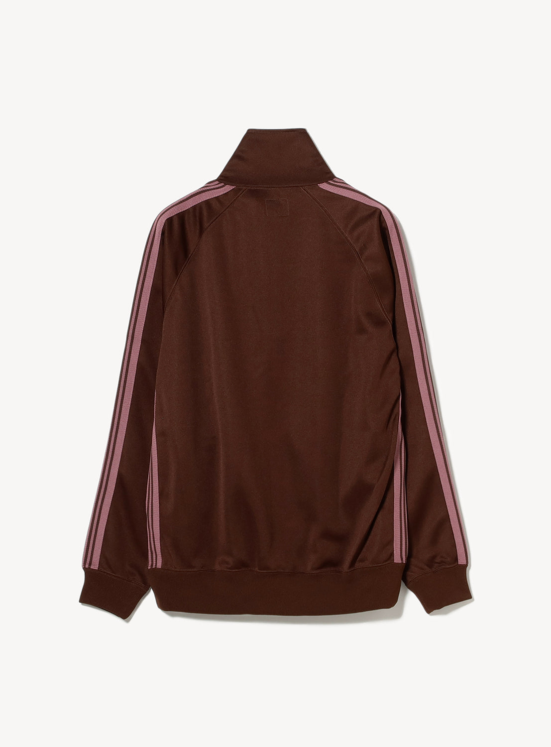 Back of brown/burgundy track jacket with pink stripes on the arms and sides, with front pockets and a pink embroidered butterfly.