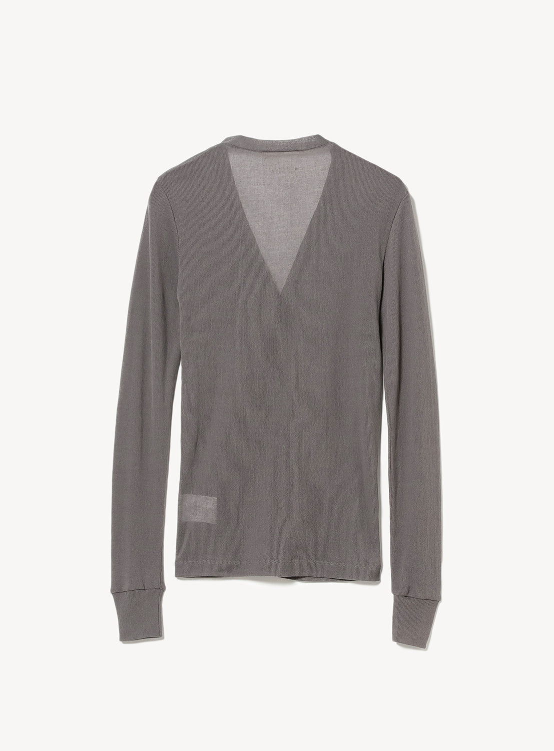 Back of a grey sheer cardigan.