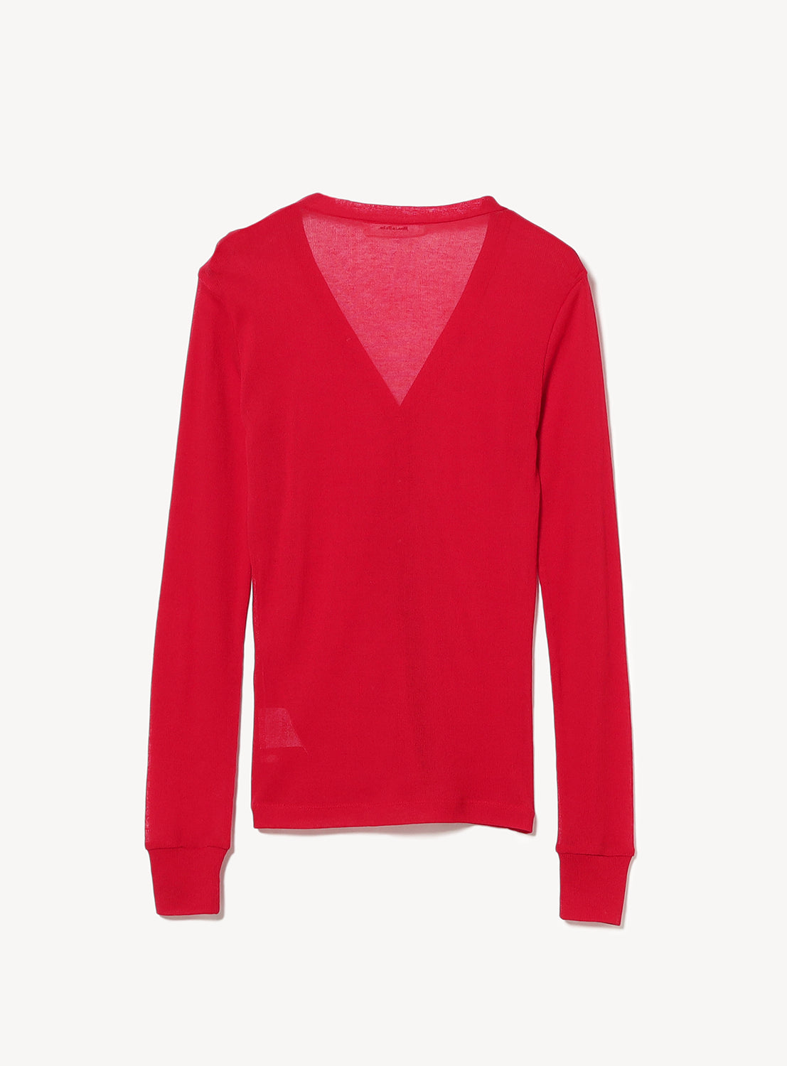 Back of red sheer cardigan.