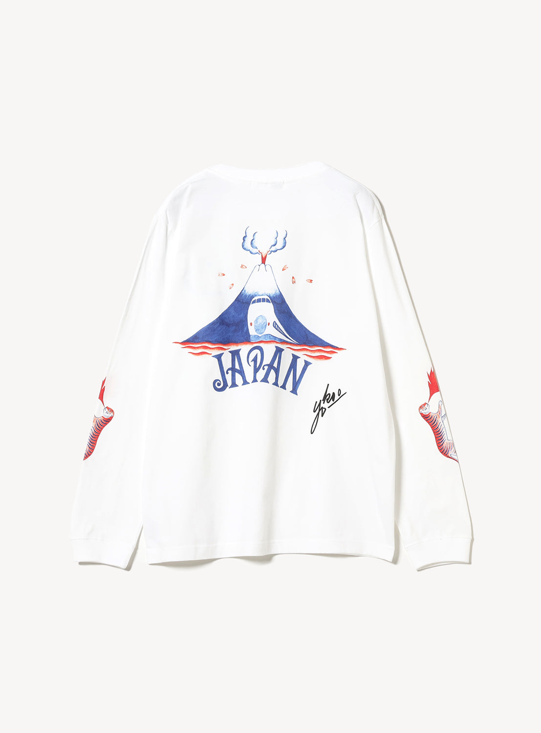 White long sleeve shirt with a graphic of a volcano and train on the back.